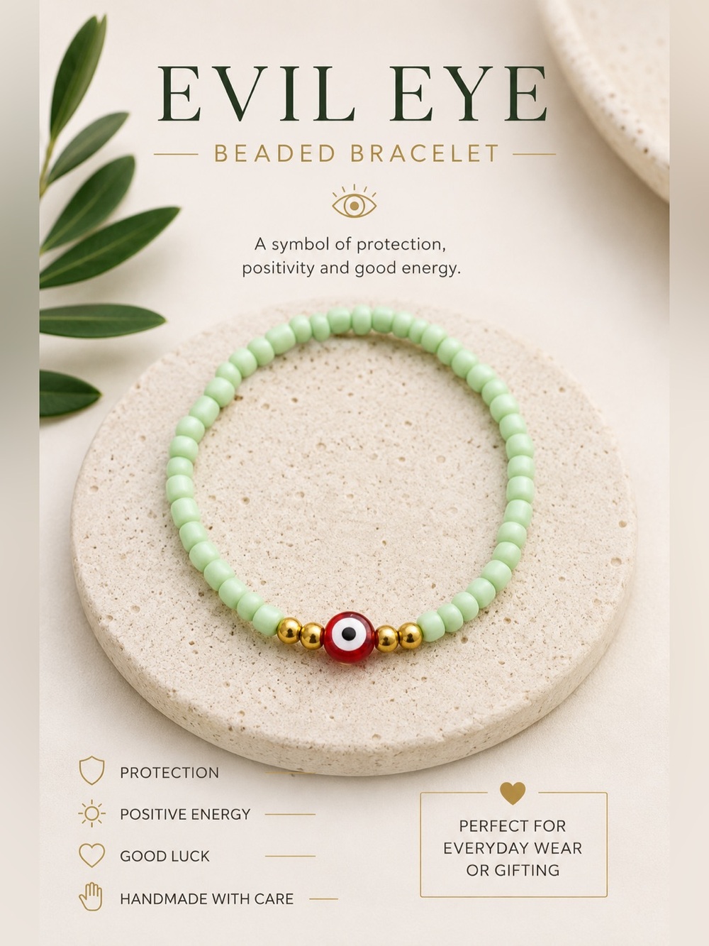 Evil Eye Beaded Bracelet - Light Green with Red Accent #29